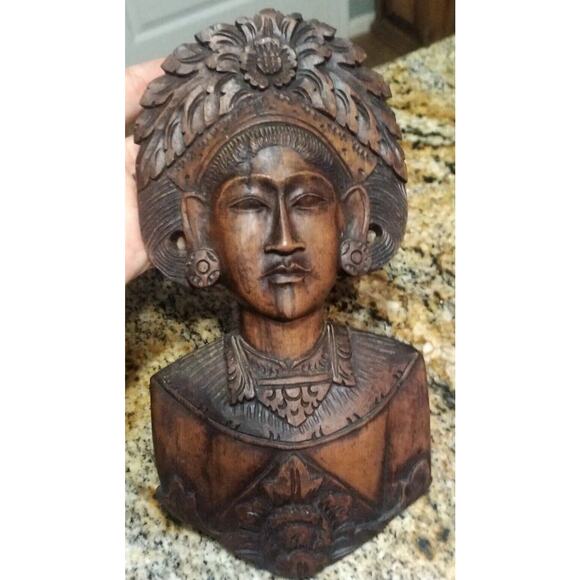 Vintage Bali Klungkung Wood Carved Female Warrior Goddess Wall Bust 9.5"
